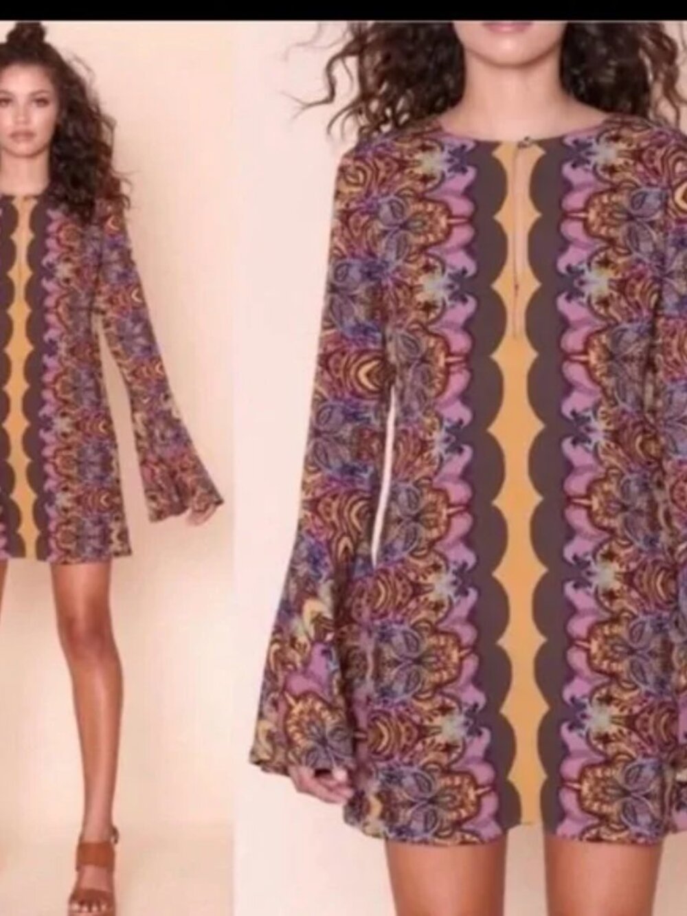 Free People Ossie Vibes Dress Boho Retro 60s Bell Sleeve Mini Tunic Sheath 0 S
